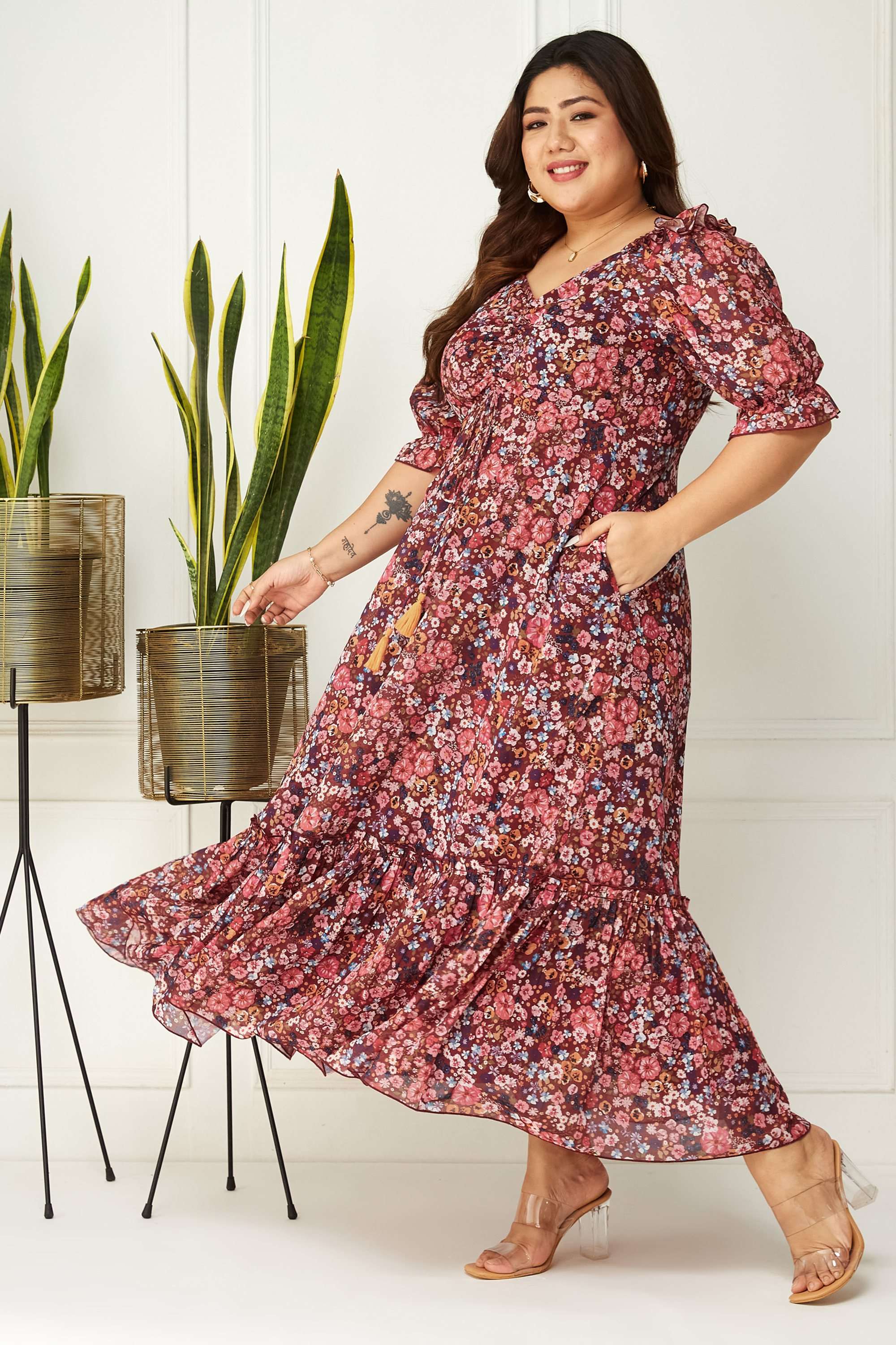 Floral V-Neck Georgette Women Dress-image-38