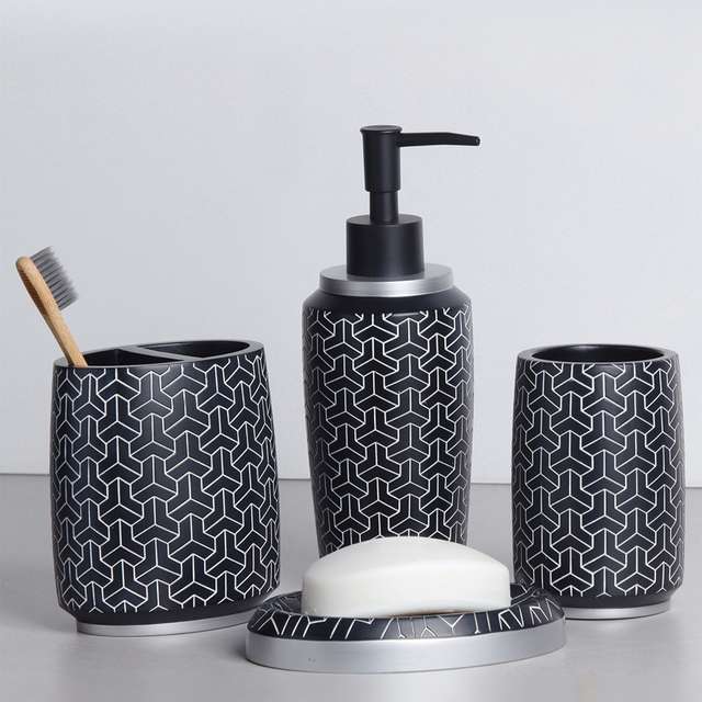 Polyresin-4Pcs-Bathset-Black-And-Silver