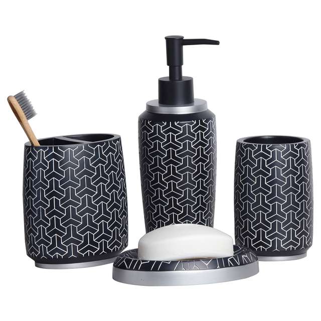 Polyresin-4Pcs-Bathset-Black-And-Silver