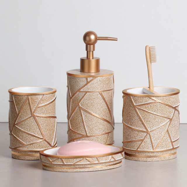 Polyresin-4Pcs-Bathset-Gold-And-Dark-Beige