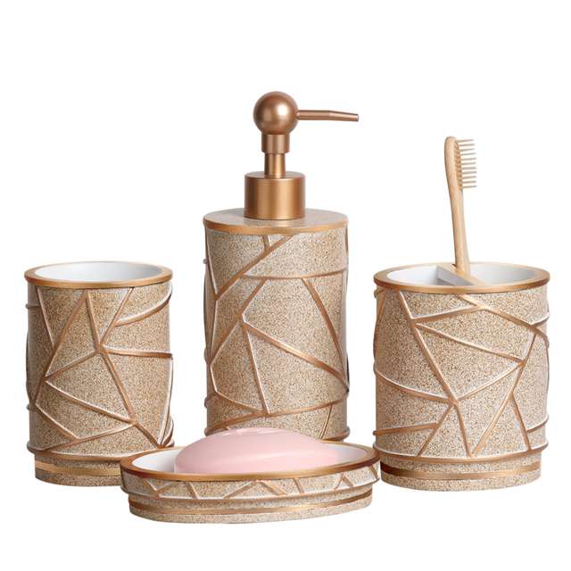 Polyresin-4Pcs-Bathset-Gold-And-Dark-Beige