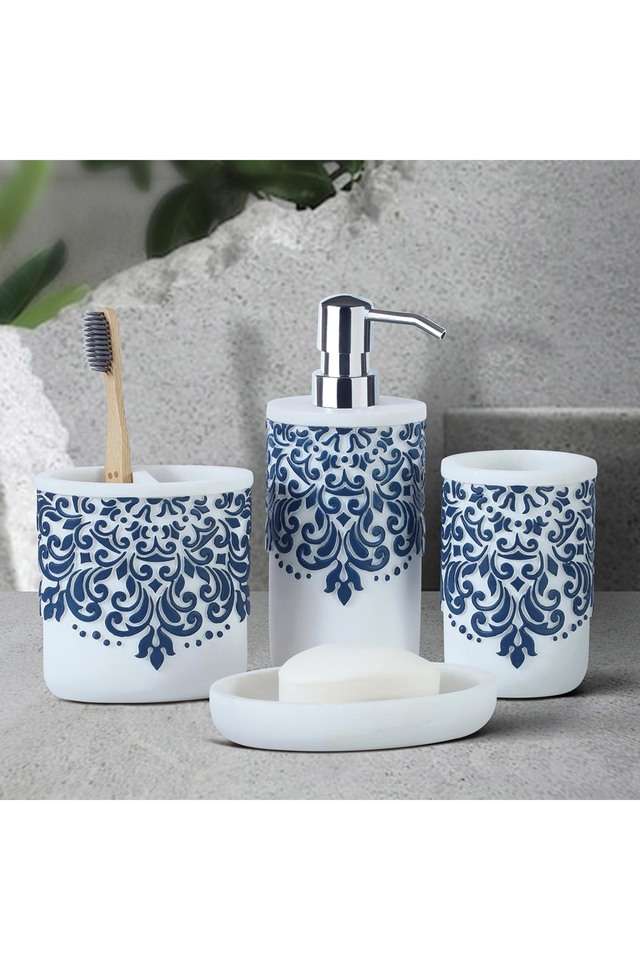 Polyresin-4Pc-Bathset-White-And-Blue