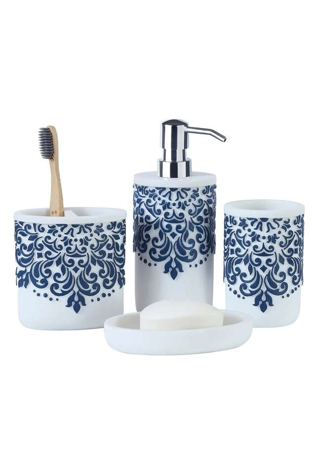 Polyresin-4Pc-Bathset-White-And-Blue