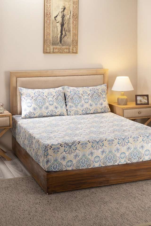 Hues-Nouveau-Tradition-Lawn-Rerun-300-TC-Cotton-Blue-Print-Double-Bed-Sheet-With-2-Pillow-Covers