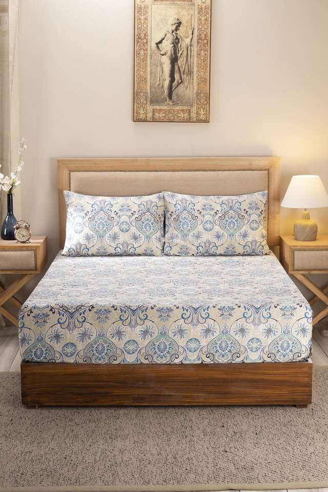 Hues-Nouveau-Tradition-Lawn-Rerun-300-TC-Cotton-Blue-Print-Double-Bed-Sheet-With-2-Pillow-Covers