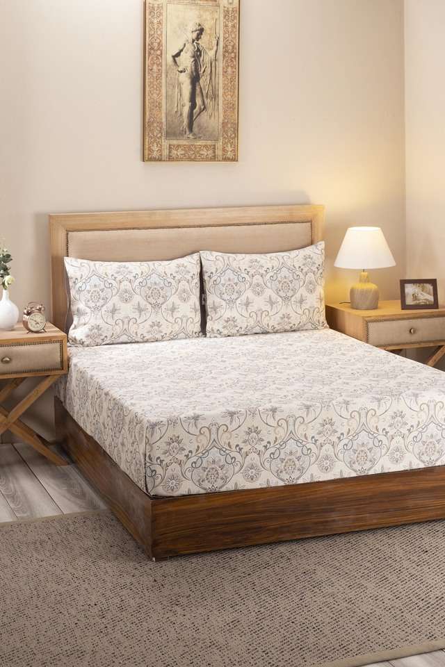 Hues-Nouveau-Tradition-Lawn-Rerun-300-TC-Cotton-Neutral-Print-Double-Bed-Sheet-With-2-Pillow-Covers