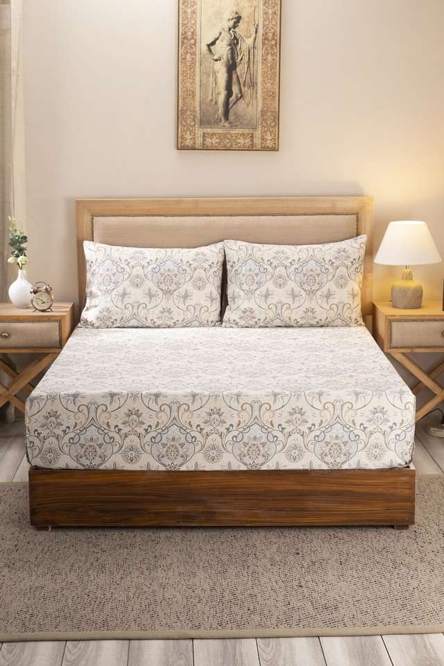 Hues-Nouveau-Tradition-Lawn-Rerun-300-TC-Cotton-Neutral-Print-Double-Bed-Sheet-With-2-Pillow-Covers