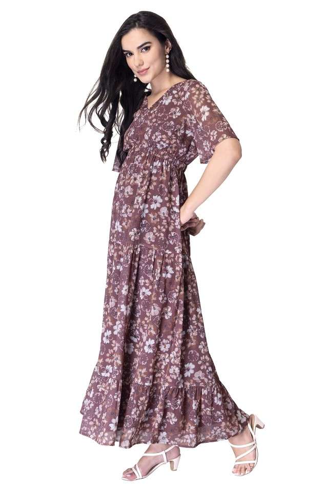 Buy FabAlley Brown Floral Georgette V Neck Women's Maxi Dress
