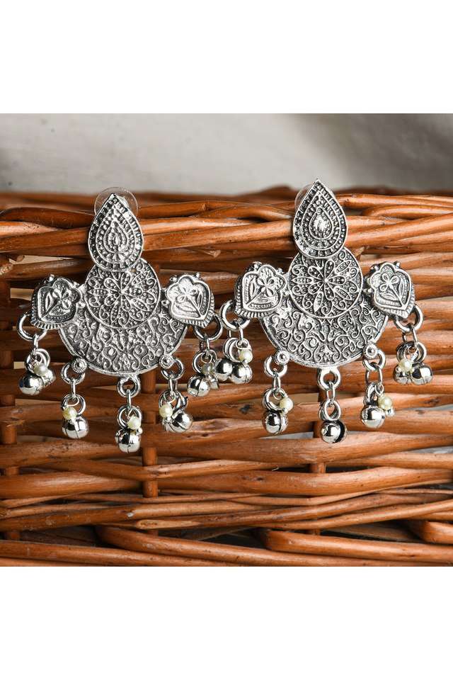 Ethnic-Silver-Plated-Oxidised-Engraved-Drop-Earring