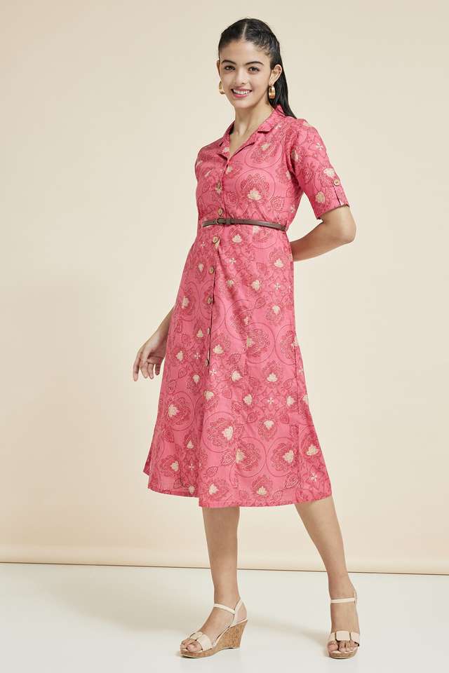 Buy Haute Curry Pink Printed Collar Neck Flex Women's Maxi Dress