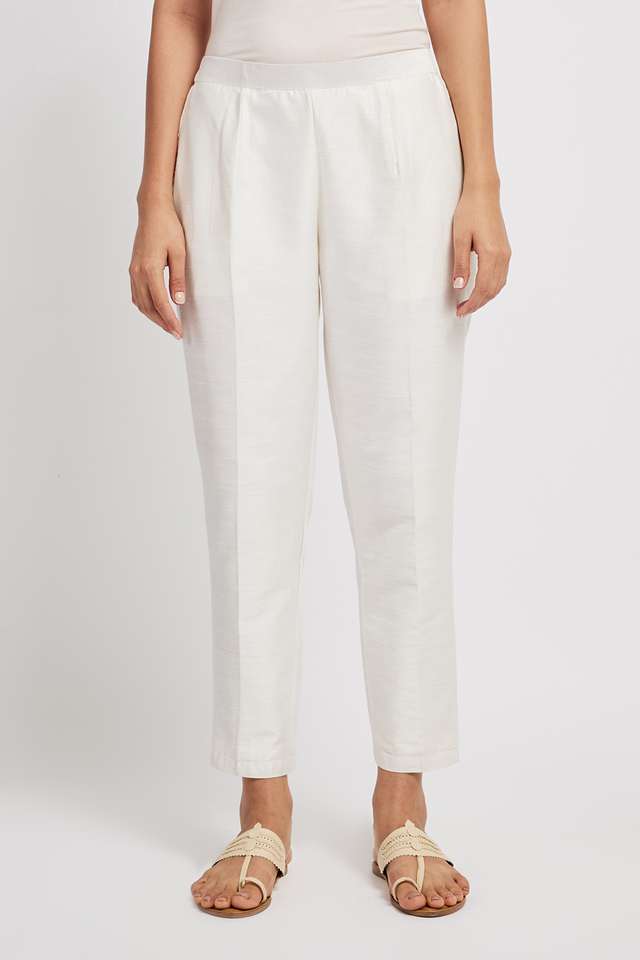 span Solid Silk Blend Straight Fit Women's Casual Wear Pants-picture-30