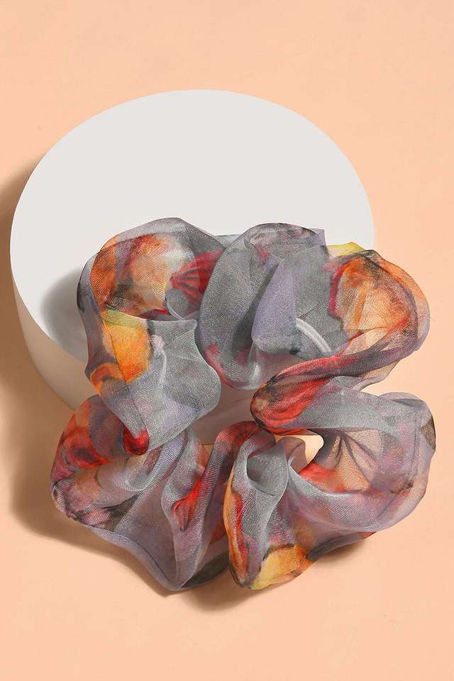 Grey-Organza-Floral-Printed-Scrunchie-For-Women