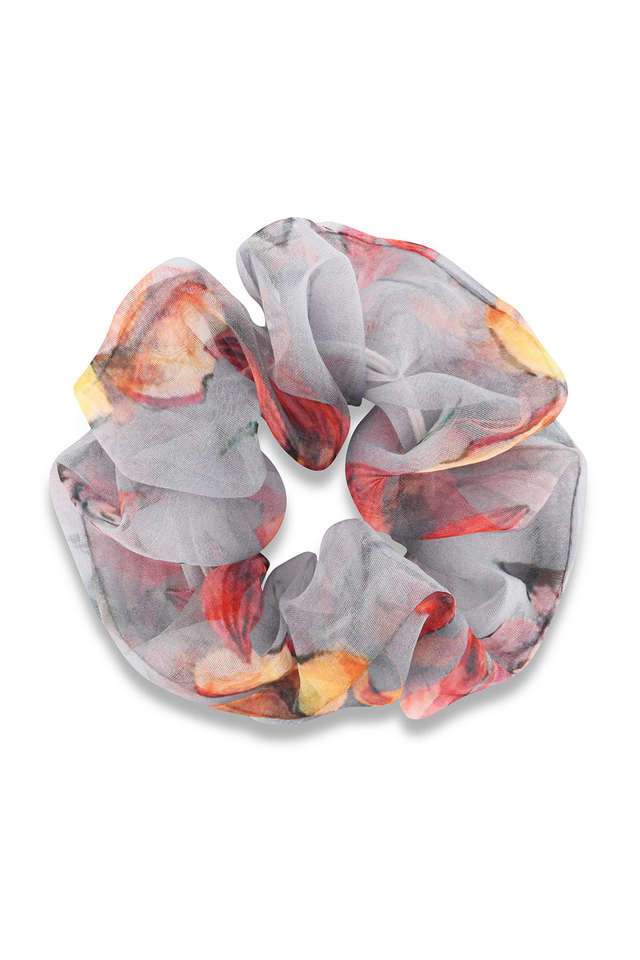 Grey-Organza-Floral-Printed-Scrunchie-For-Women