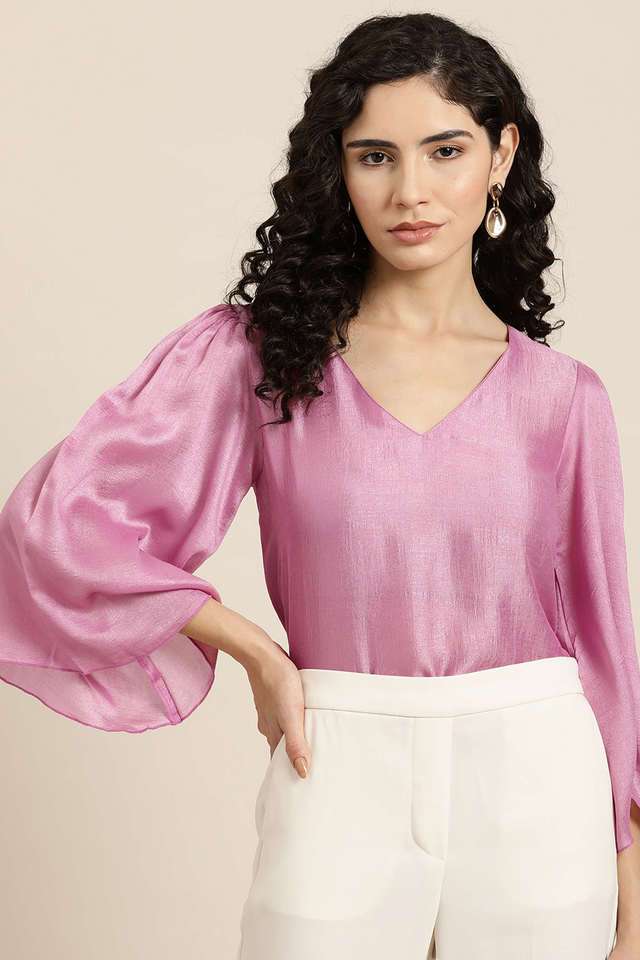 qurvii Solid Silk V-Neck Women Top-picture-20