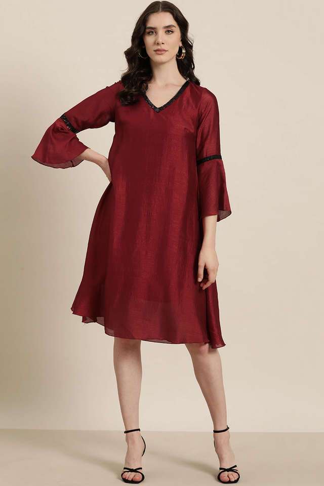 qurvii Solid V-Neck Silk Women Dress-picture-20