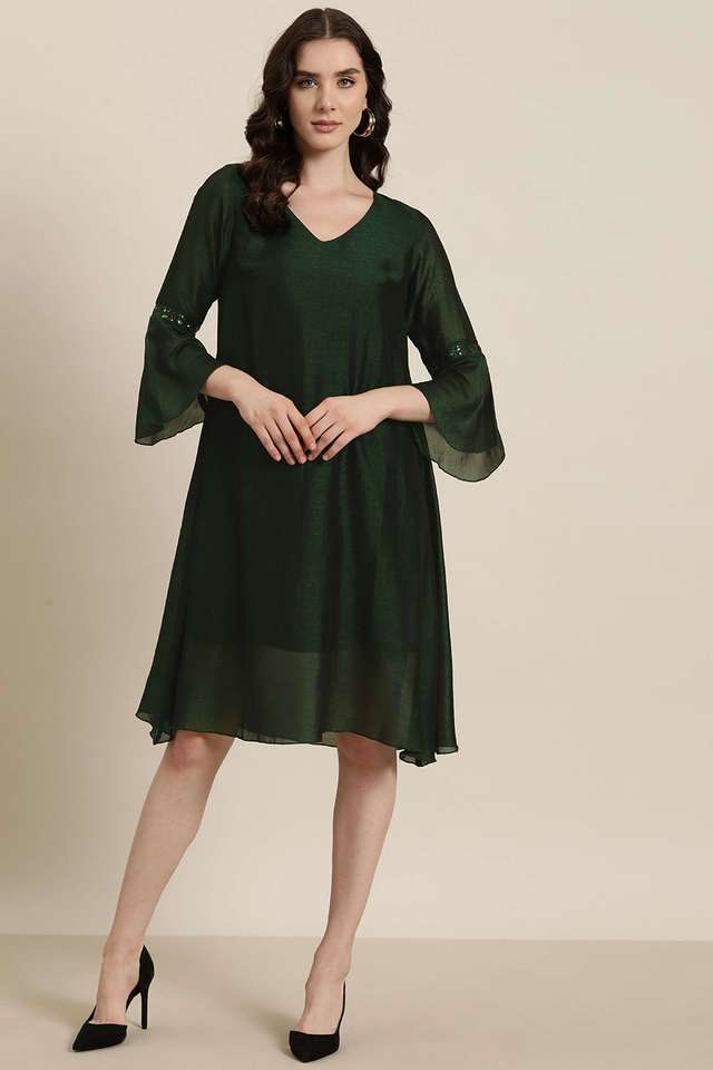 qurvii Solid V-Neck Silk Women Dress-picture-30