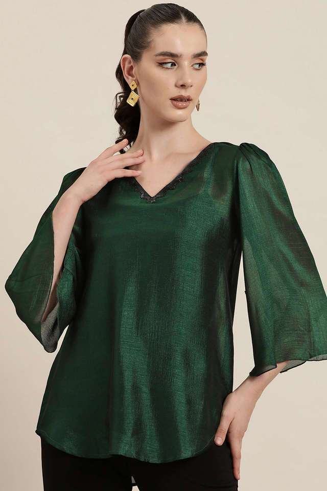 qurvii Solid Silk V-Neck Women Top-picture-13