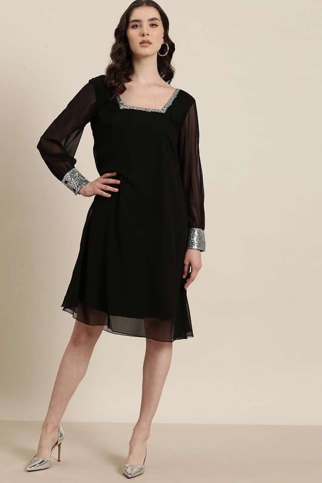 qurvii Solid Square Neck Georgette Women Dress-picture-10