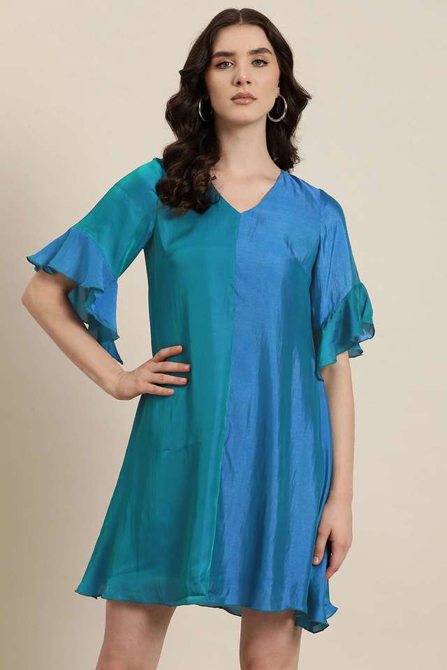 qurvii Color Block V-Neck Silk Women Dress-picture-33