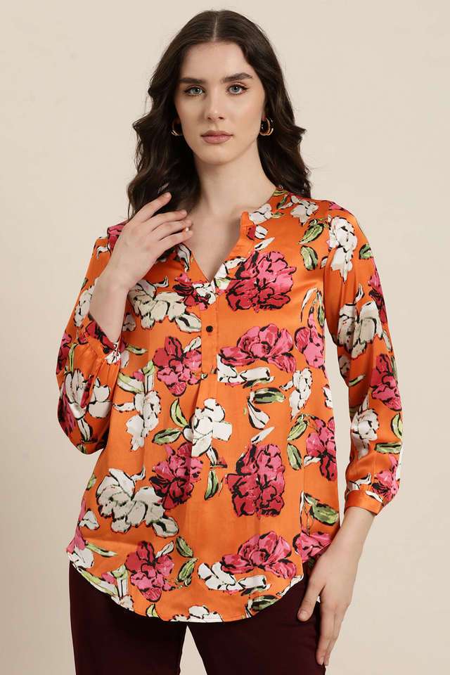 qurvii Printed Satin Collared Women Top-picture-34