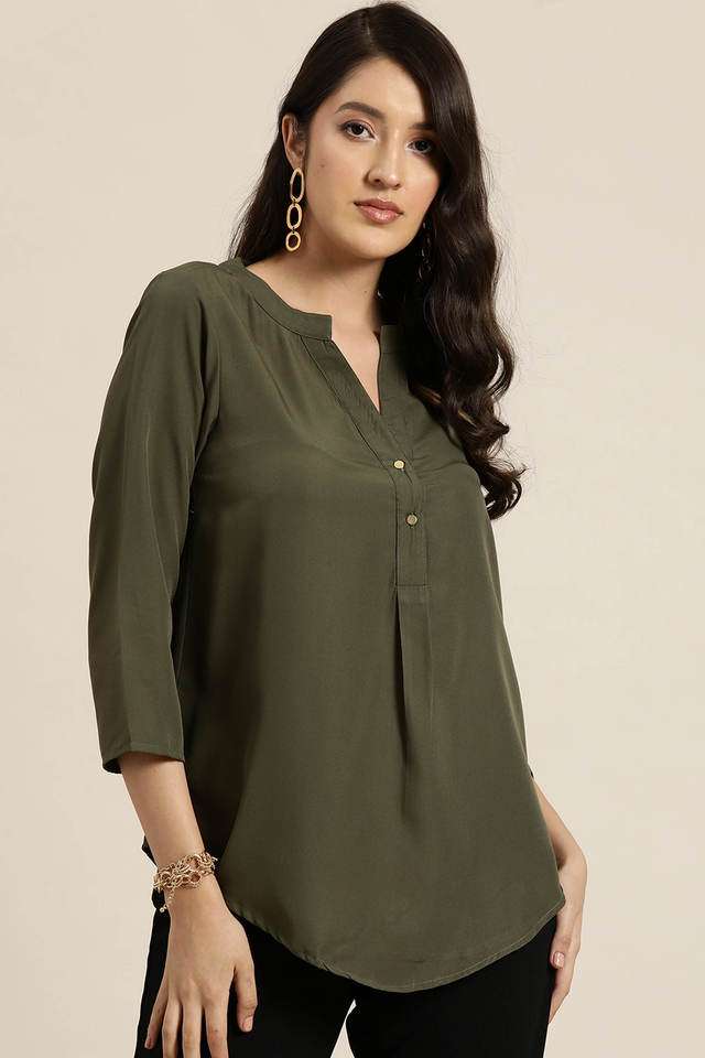 qurvii Solid Crepe Collared Women Top-picture-21