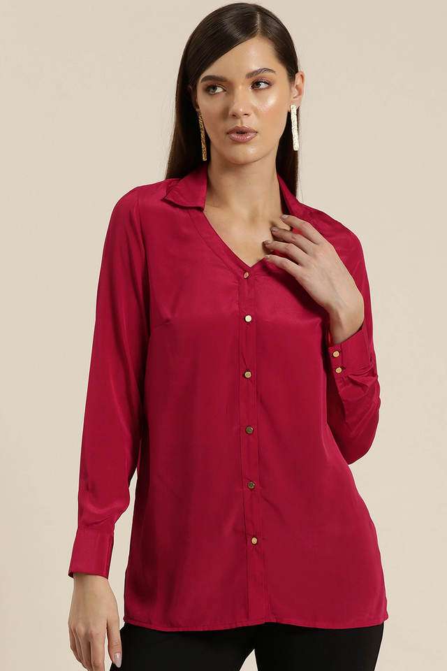 qurvii Solid Collared Silk Women Casual Wear Shirt-picture-14