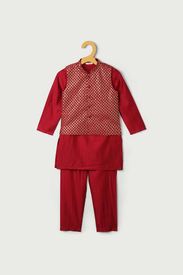 Embroidered-Poly-Blend-Mandarin-Boys-Kurta-Pyjama-Jacket-Set