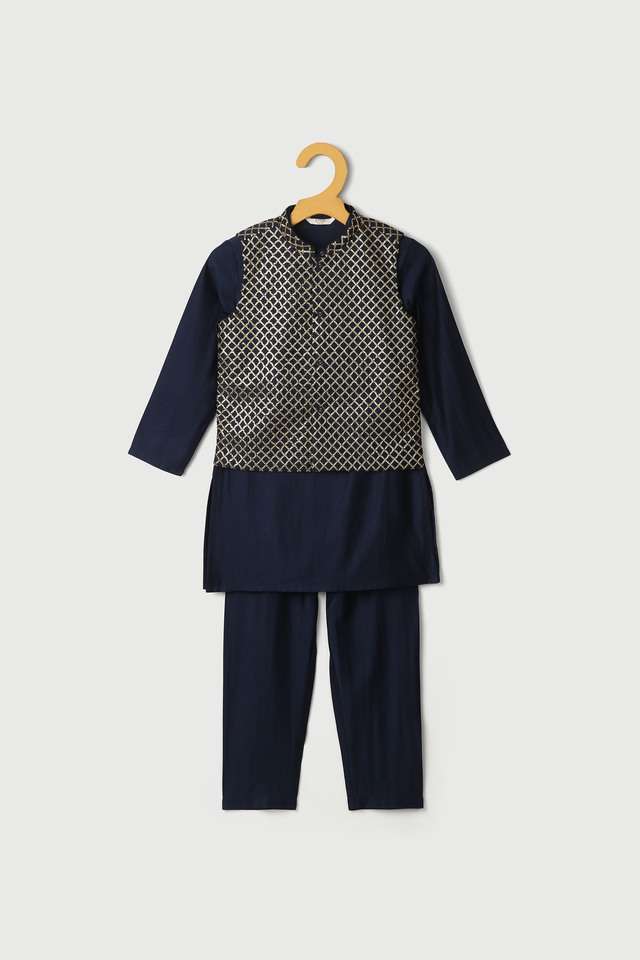 Embroidered-Poly-Blend-Mandarin-Boys-Kurta-Pyjama-Jacket-Set