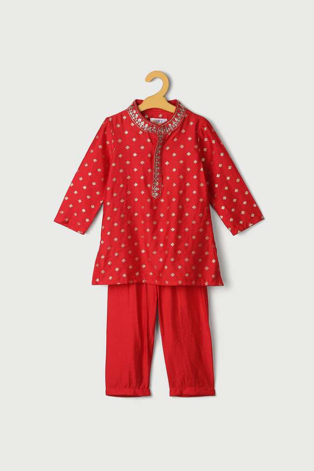Embroidered-Poly-Blend-Mandarin-Girls-Kurta-Pyjama-Jacket-Set