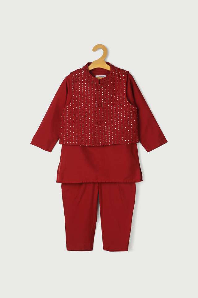 Solid-Poly-Blend-Mandarin-Girl-s-Kurta-Pyjama-Jacket-Set