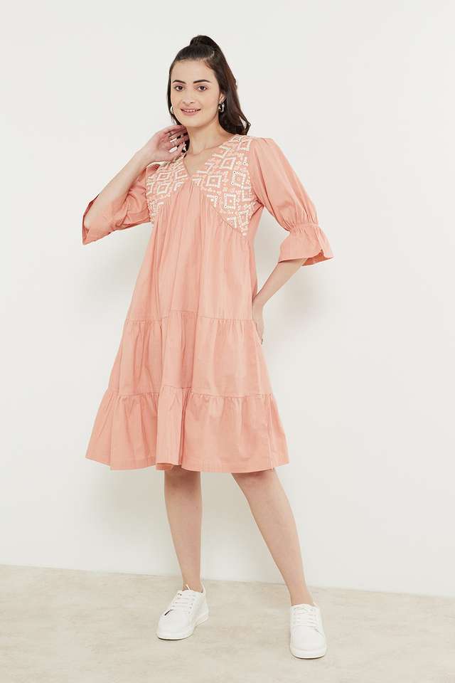 Printed-V-Neck-Blended-Women-s-Knee-Length-Dress