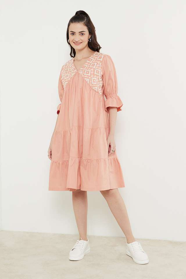 Printed-V-Neck-Blended-Women-s-Knee-Length-Dress