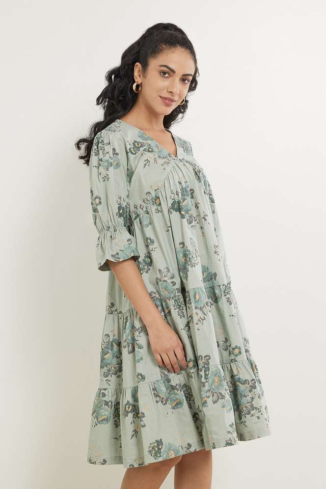 Printed-Cotton-Blend-V-Neck-Women-s-Ethnic-Dress