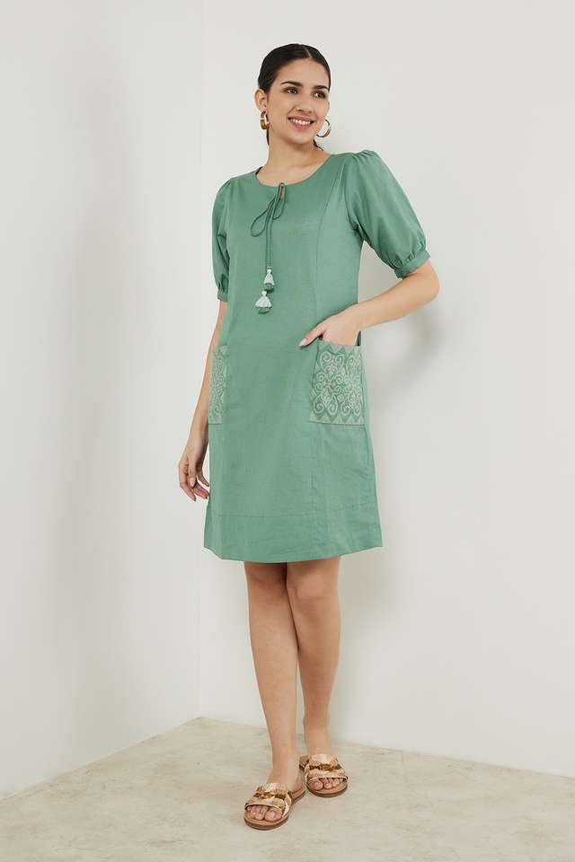 Solid-Cotton-Flex-Round-Neck-Women-s-Ethnic-Dress