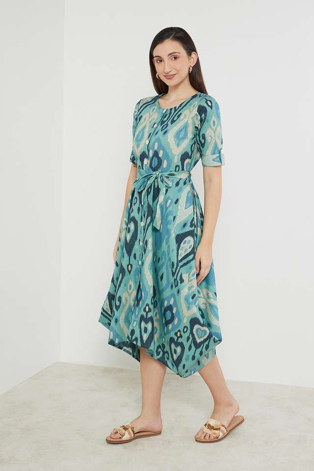 Printed-Cotton-Blend-Round-Neck-Women-s-Ethnic-Dress