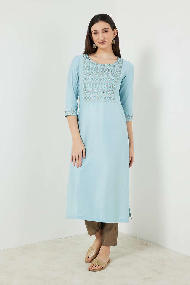 Embroidered-Viscose-Blend-Round-Neck-Women-s-Kurta