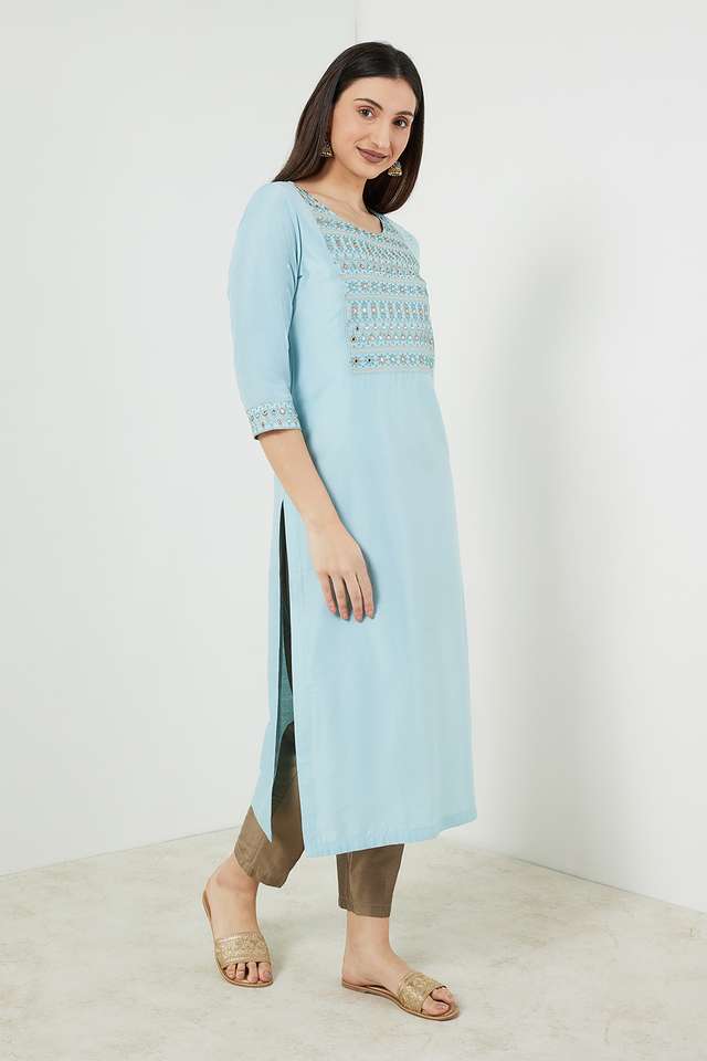 Embroidered-Viscose-Blend-Round-Neck-Women-s-Kurta