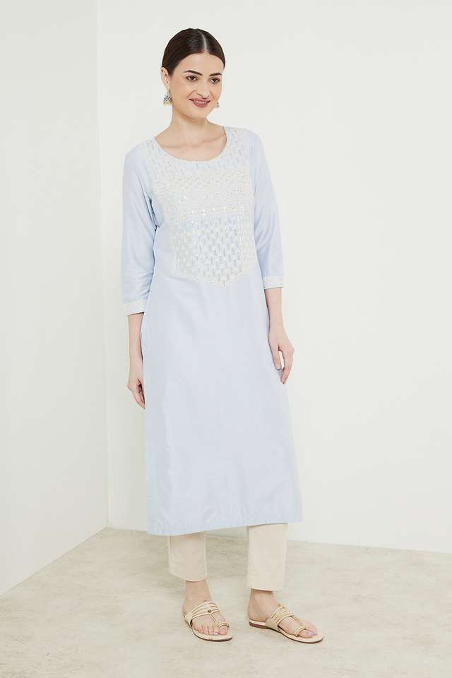 Embroidered-Viscose-Blend-Round-Neck-Women-s-Kurta