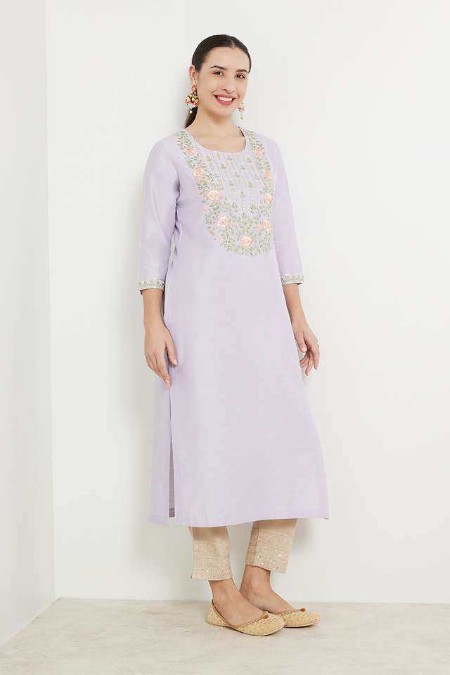 Embroidered-Viscose-Blend-Round-Neck-Women-s-Kurta