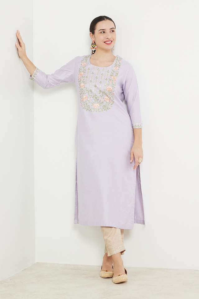 Embroidered-Viscose-Blend-Round-Neck-Women-s-Kurta