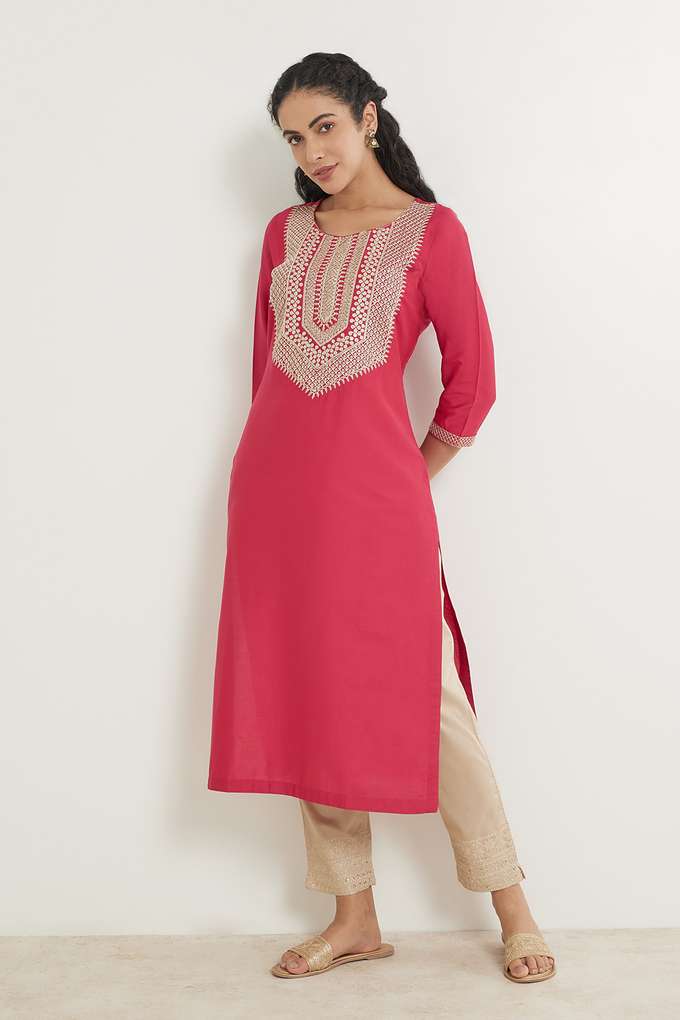 Embroidered-Viscose-Blend-Round-Neck-Women-s-Kurta