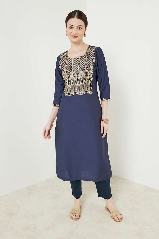 Embroidered-Viscose-Blend-Round-Neck-Women-s-Kurta