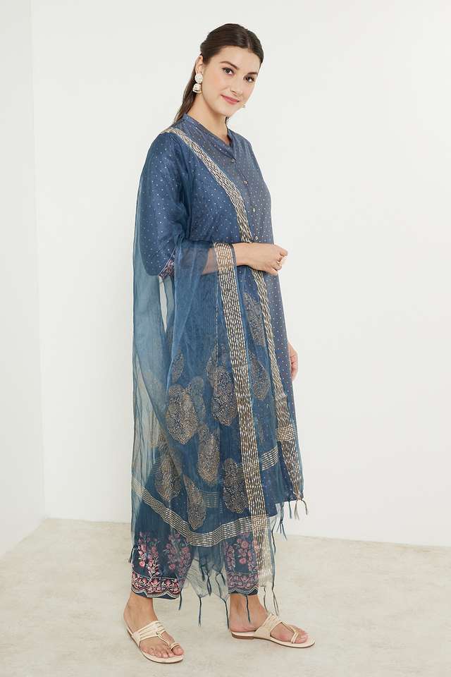 Embroidered-Calf-Length-Viscose-Blend-Woven-Women-s-Kurta-Pant-Dupatta-Set
