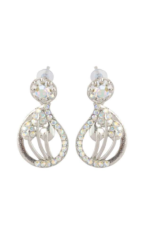 Elegant -Stylish-Silver-Teardrop-Shaped-Studs -Intricate-Flower-Design -Diamonti-Filigree.