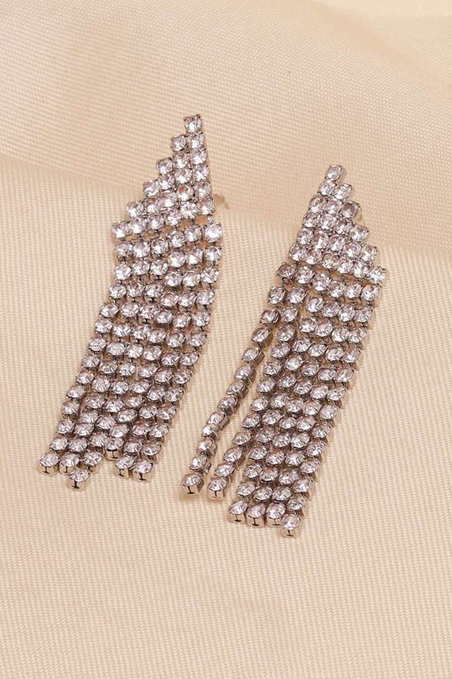 Contemporary-White-Diamante-Crystal-Studded-Silver--Toned-Triangular-Tassel-Drop-Earrings