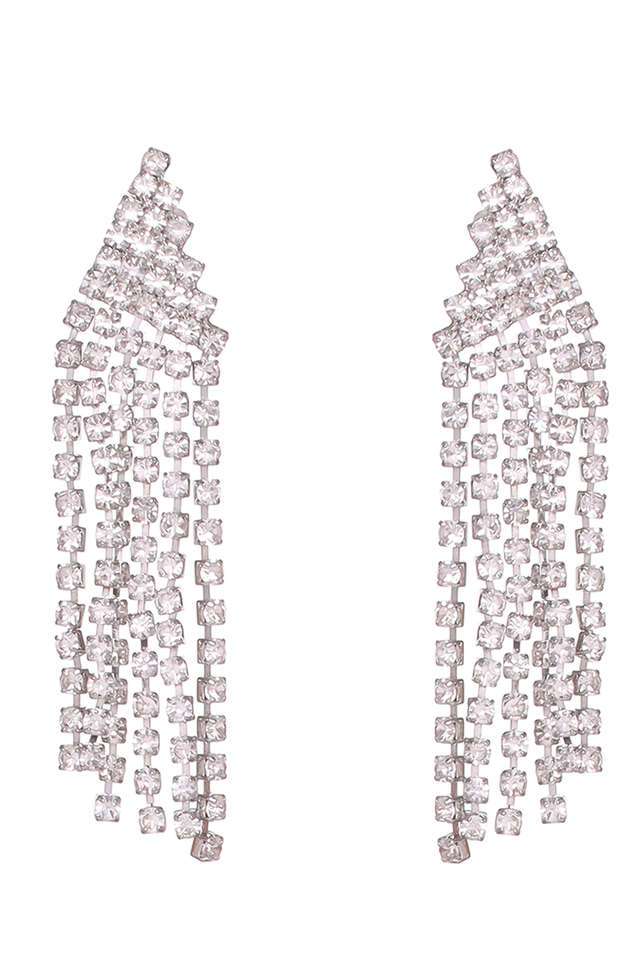 Contemporary-White-Diamante-Crystal-Studded-Silver--Toned-Triangular-Tassel-Drop-Earrings