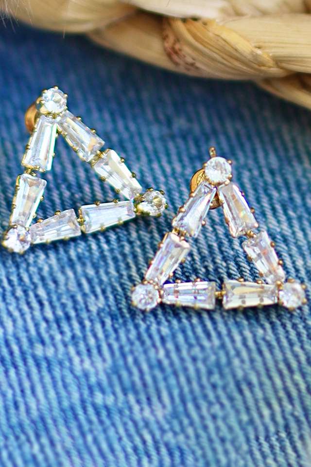 Rhinestone-Studded-Triangular-Gold-Toned-Stud-Earrings