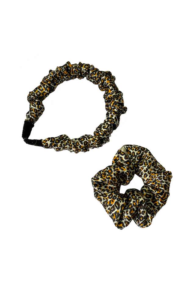 Set-Of-Two-Leopard-Animal-Printed-Satin-Scrunchie-Hair-Tie-&-Hair-Band