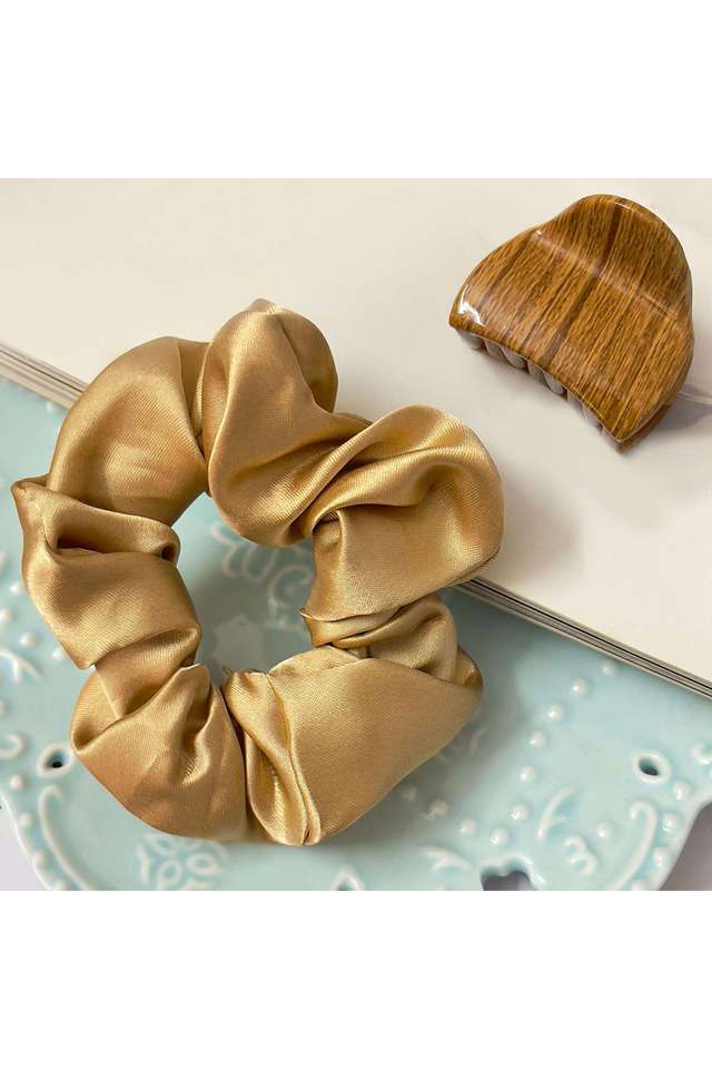 Set-Of-Two-Gold-Beige-Satin-Scrunchie-Western-Hair-Tie-&-Hair-Clutch