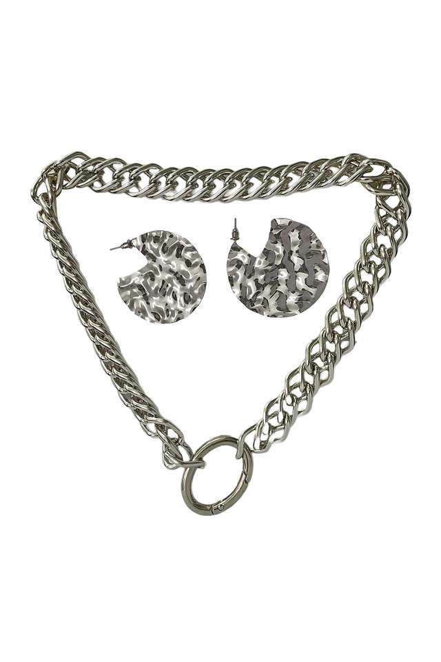 Silver-Toned-Circular-Chunky-Chain-Link-Necklace-&-Hammered-Hoop-Earrings---Set-of-2